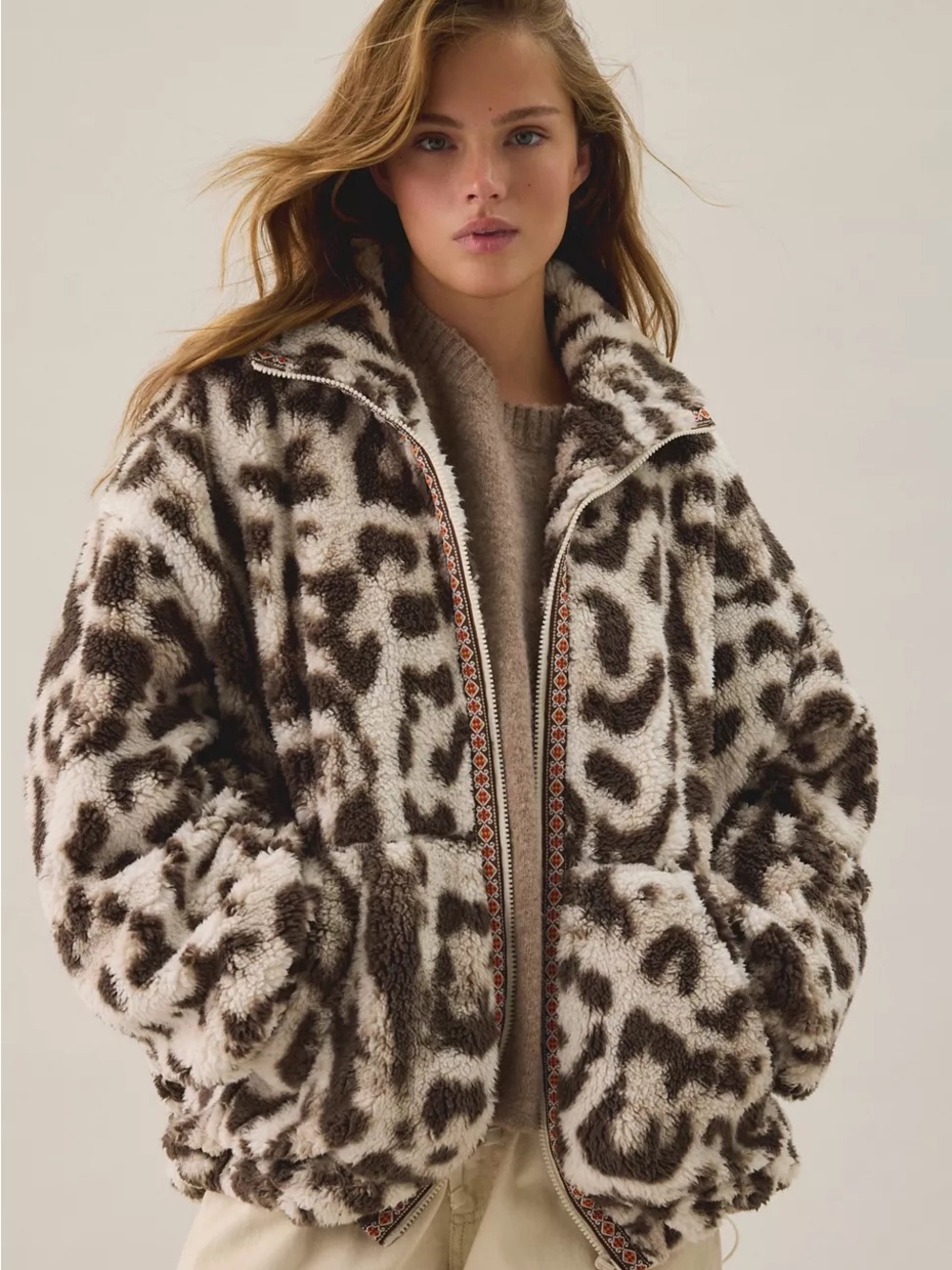 BDG Mae Printed Piled Fleece Zip-Up Jacket